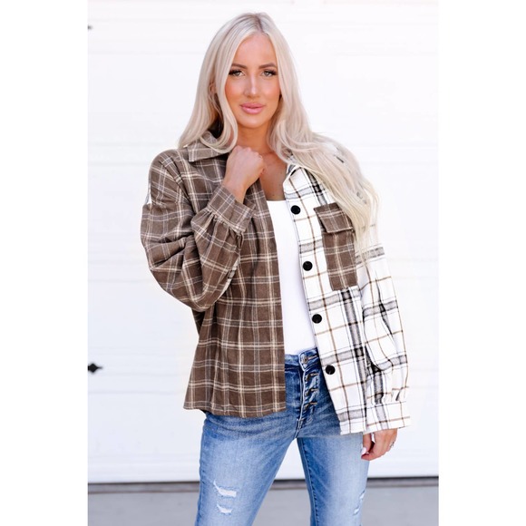 FREE SHIPPING! Plaid Contrast Button Up Shirt Jacket - Picture 1 of 4